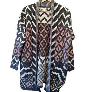 KAMANA Black Aztec Open Front Sweater size Medium Western Rainbow